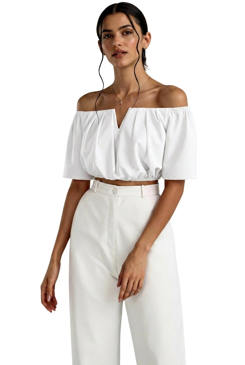 Mujer Top con hombros descubiertos, escote en V y mangas cortas-Tops for women-Casaluzia
