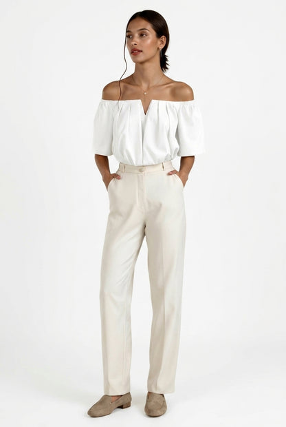Mujer Top con hombros descubiertos, escote en V y mangas cortas-Tops for women-Casaluzia
