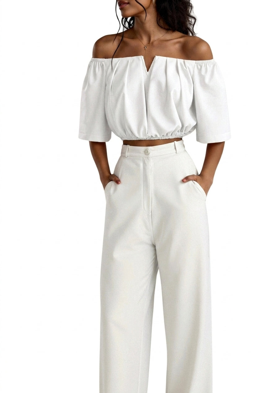 Mujer Top con hombros descubiertos, escote en V y mangas cortas-Tops for women-Casaluzia