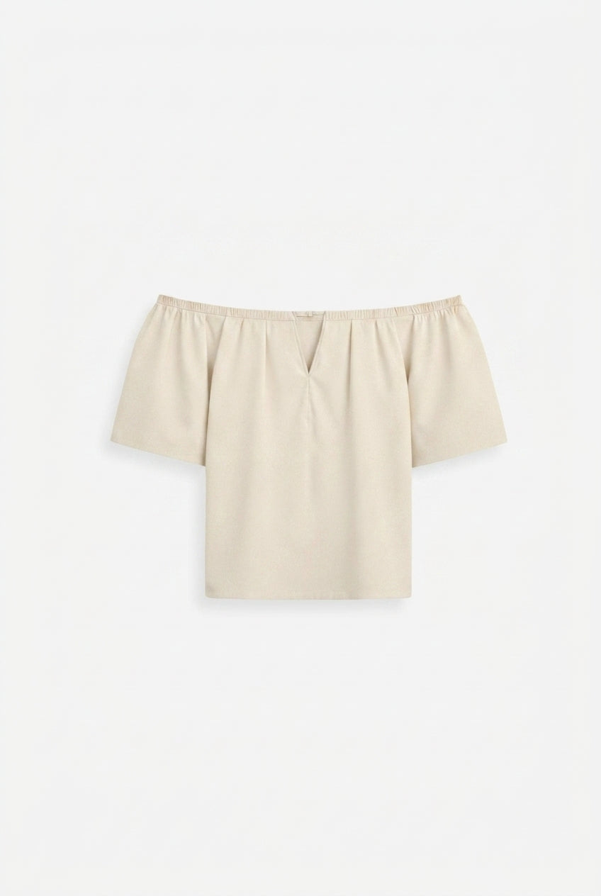 Mujer Top con hombros descubiertos, escote en V y mangas cortas-Tops for women-Casaluzia