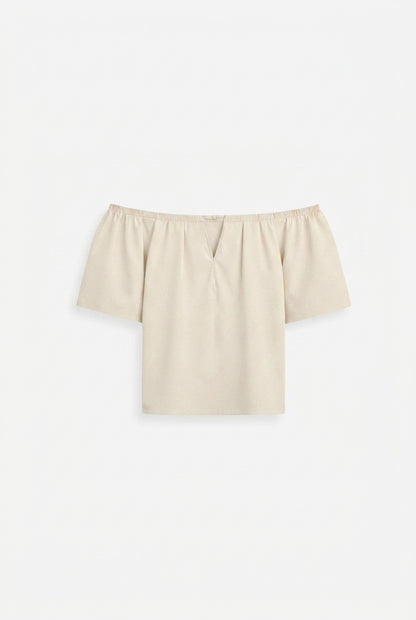Mujer Top con hombros descubiertos, escote en V y mangas cortas-Tops for women-Casaluzia