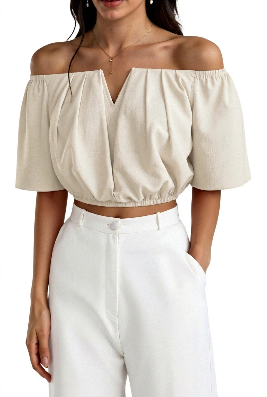 Mujer Top con hombros descubiertos, escote en V y mangas cortas-Tops for women-Casaluzia