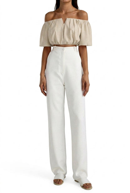 Mujer Top con hombros descubiertos, escote en V y mangas cortas-Tops for women-Casaluzia