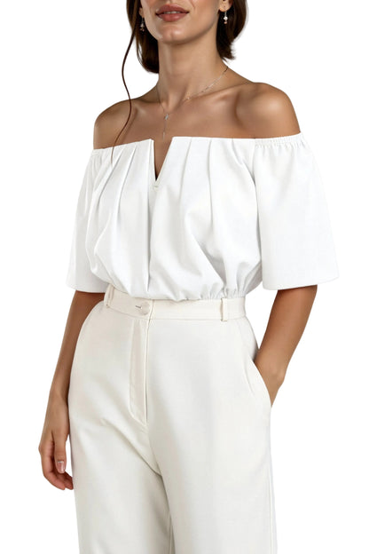 Mujer Top con hombros descubiertos, escote en V y mangas cortas-Tops for women-Casaluzia