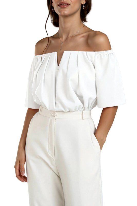 Mujer Top con hombros descubiertos, escote en V y mangas cortas-Tops for women-Casaluzia