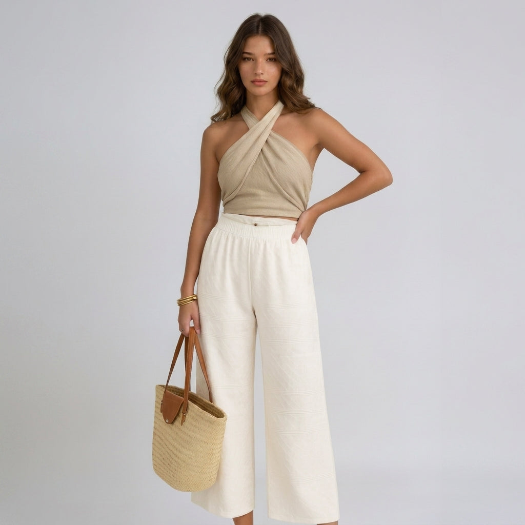 Mujer Top Corto con Cuello Halter y Diseño Cruzado-Tops for women-Casaluzia