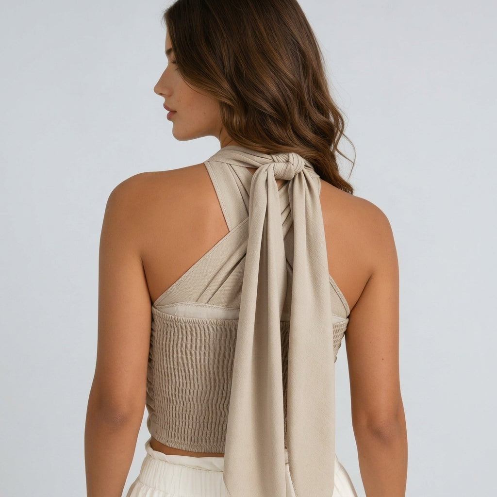 Mujer Top Corto con Cuello Halter y Diseño Cruzado-Tops for women-Casaluzia