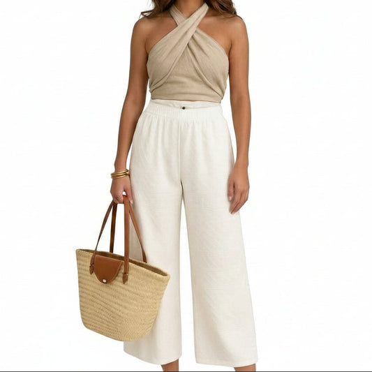 Mujer Top Corto con Cuello Halter y Diseño Cruzado-Tops for women-Casaluzia