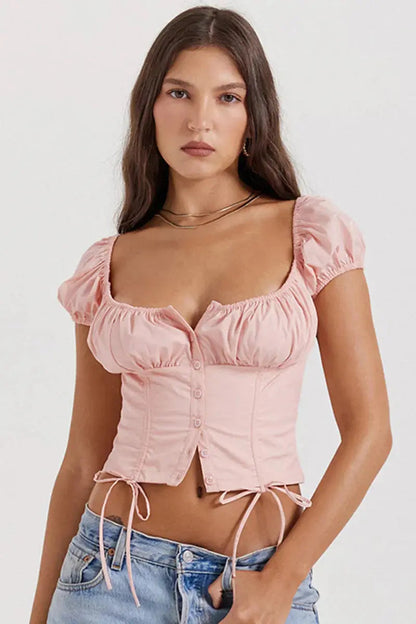Mujer Top Corto con Mangas Abullonadas y Botones Frontales-Tops for women-Casaluzia