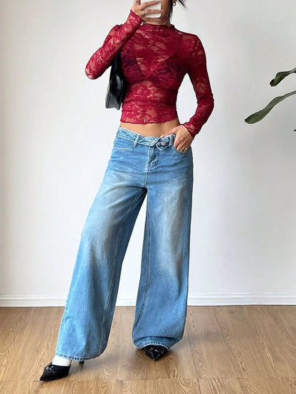 Mujer top de encaje con cuello alto y manga larga-Tops for women-Casaluzia
