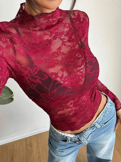 Mujer top de encaje con cuello alto y manga larga-Tops for women-Casaluzia