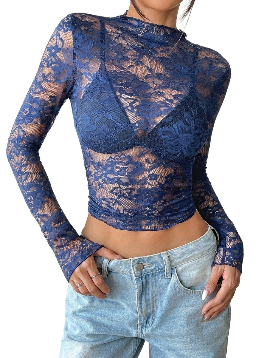 Mujer top de encaje con cuello alto y manga larga-Tops for women-Casaluzia