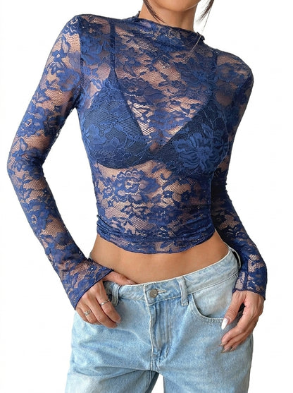 Mujer top de encaje con cuello alto y manga larga-Tops for women-Casaluzia