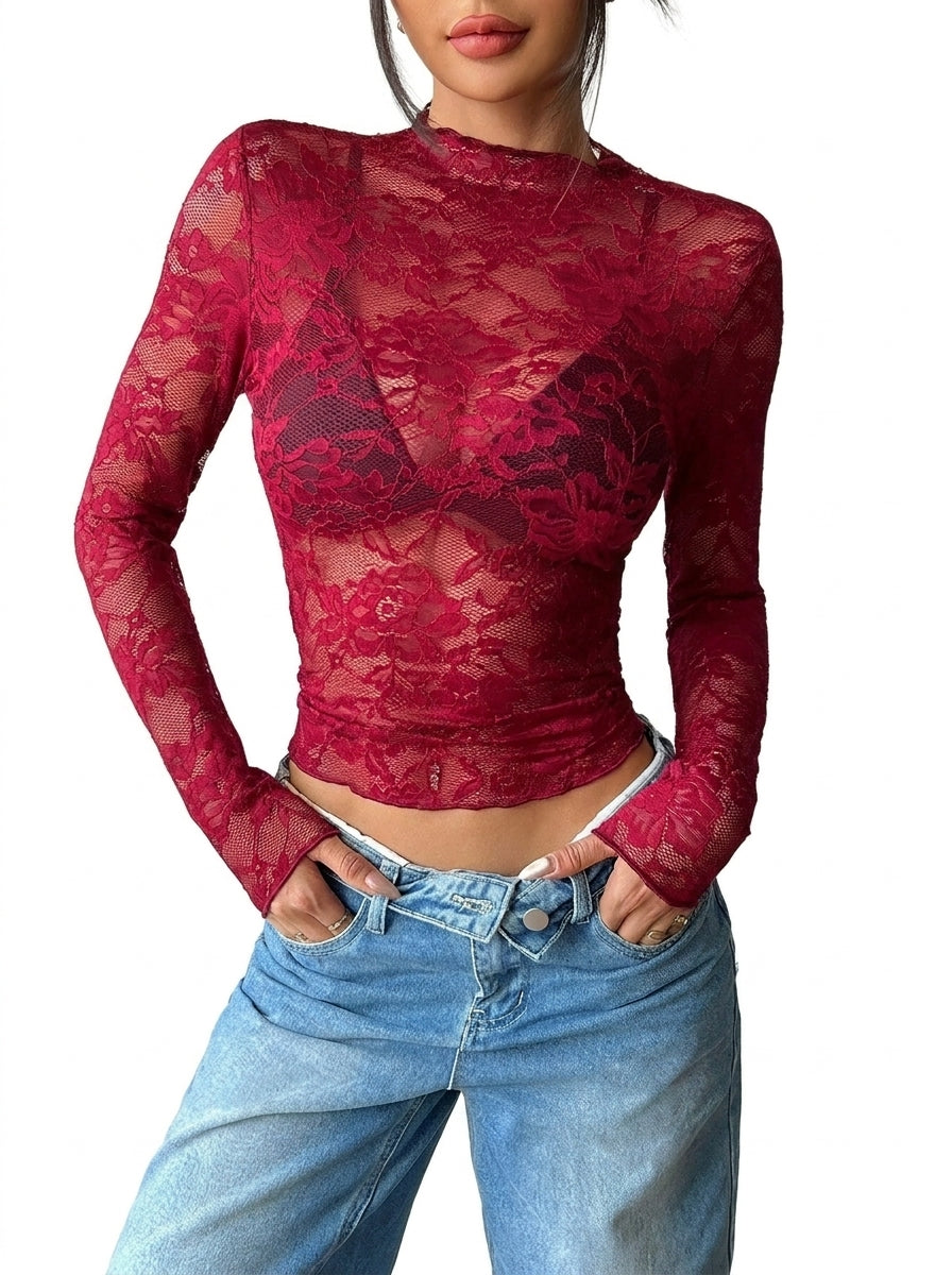 Mujer top de encaje con cuello alto y manga larga-Tops for women-Casaluzia