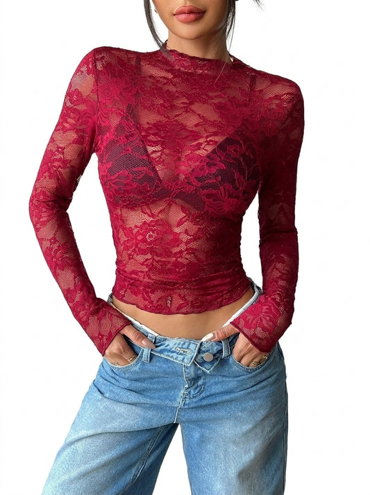 Mujer top de encaje con cuello alto y manga larga-Tops for women-Casaluzia