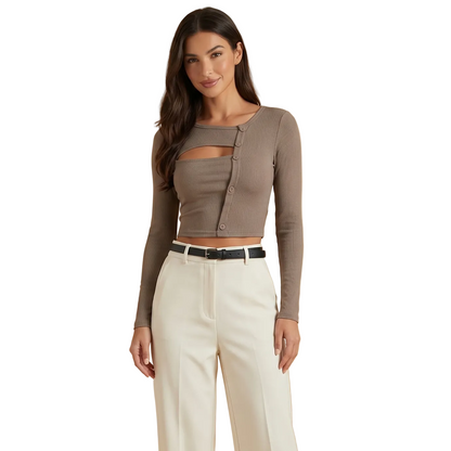 Mujer Top de manga larga con abertura asimétrica y botones-Tops for women-Casaluzia