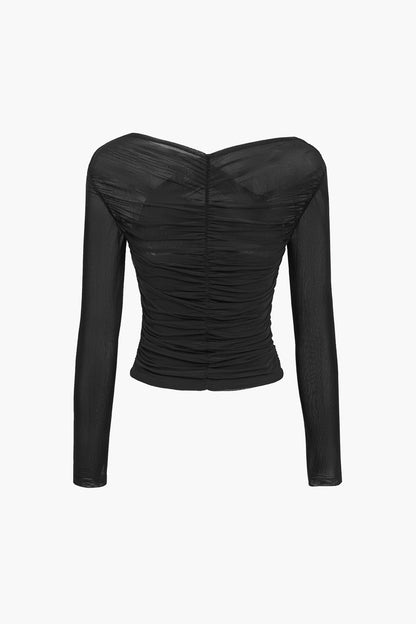 Mujer Top de manga larga con paneles de malla y diseño drapeado-Tops for women-Casaluzia