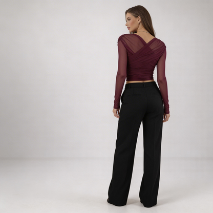 Mujer Top de manga larga con paneles de malla y diseño drapeado-Tops for women-Casaluzia