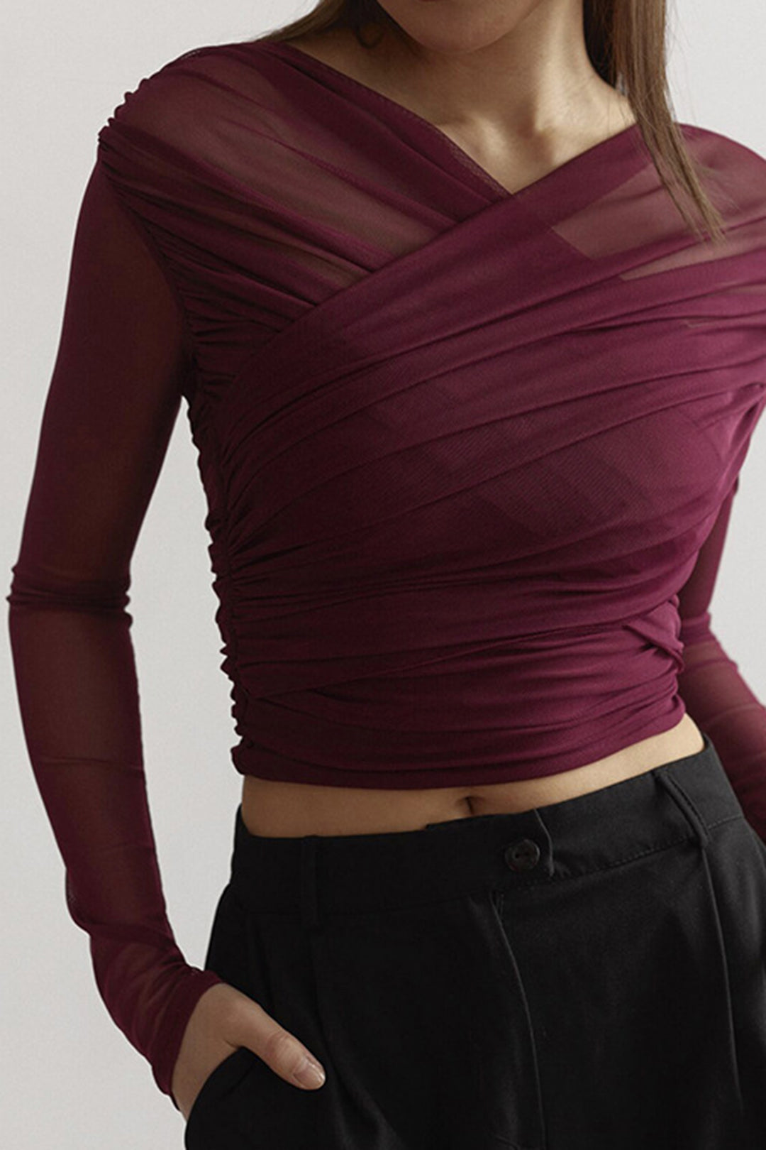 Mujer Top de manga larga con paneles de malla y diseño drapeado-Tops for women-Casaluzia