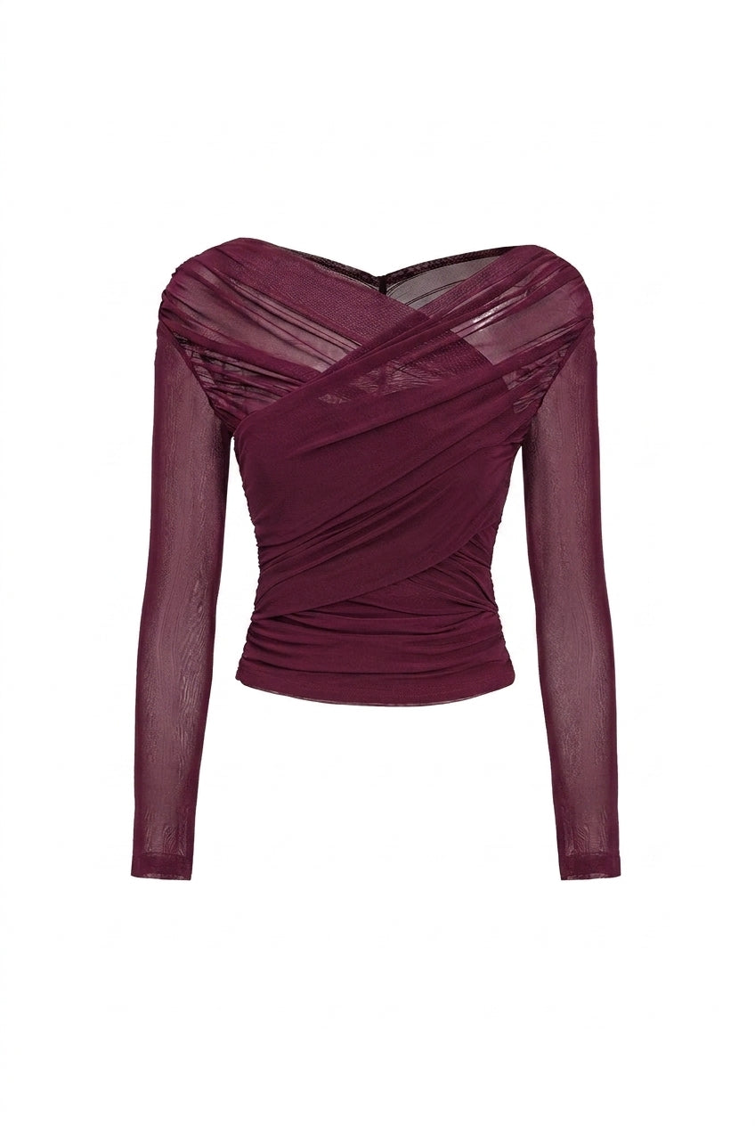 Mujer Top de manga larga con paneles de malla y diseño drapeado-Tops for women-Casaluzia