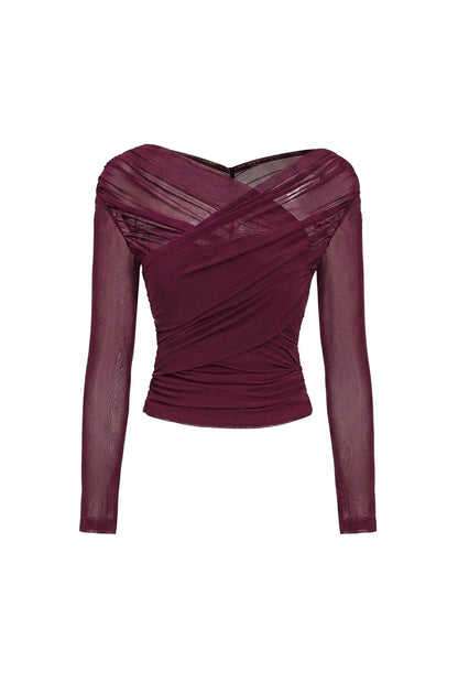 Mujer Top de manga larga con paneles de malla y diseño drapeado-Tops for women-Casaluzia