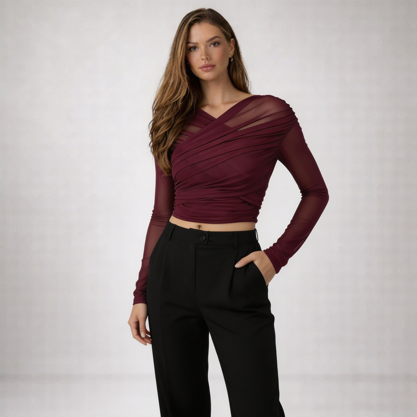 Mujer Top de manga larga con paneles de malla y diseño drapeado-Tops for women-Casaluzia
