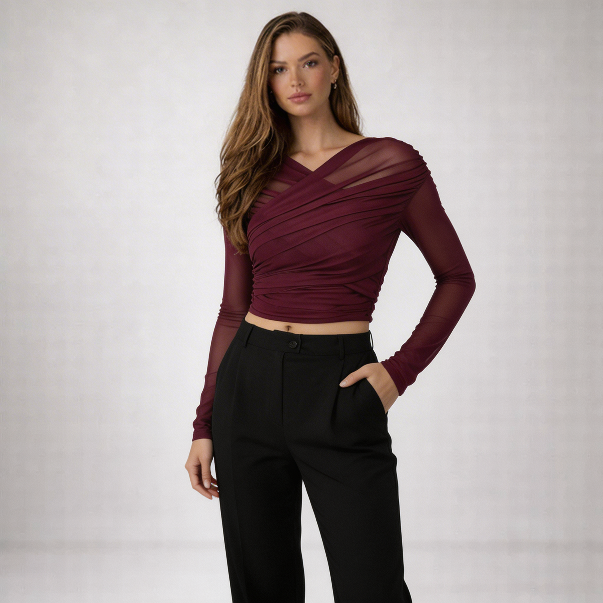 Mujer Top de manga larga con paneles de malla y diseño drapeado-Tops for women-Casaluzia