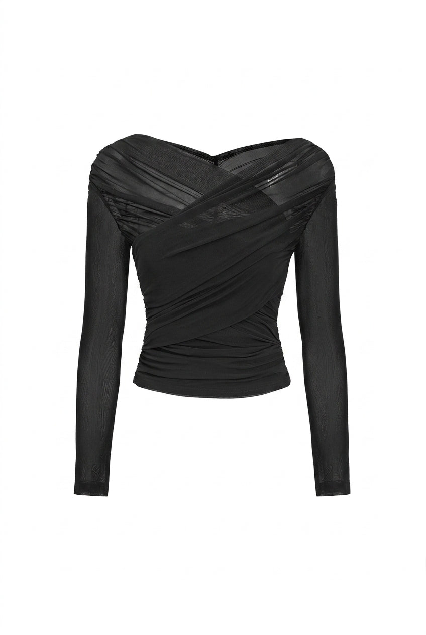 Mujer Top de manga larga con paneles de malla y diseño drapeado-Tops for women-Casaluzia