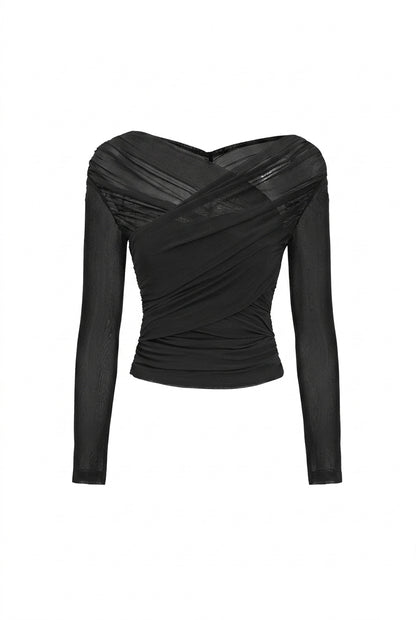 Mujer Top de manga larga con paneles de malla y diseño drapeado-Tops for women-Casaluzia