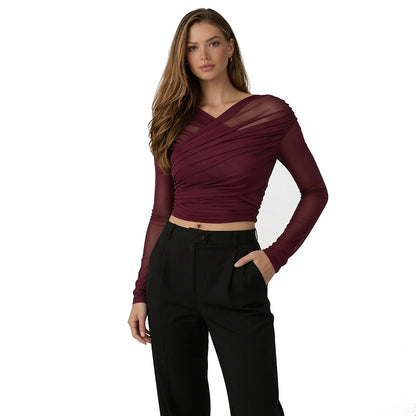 Mujer Top de manga larga con paneles de malla y diseño drapeado-Tops for women-Casaluzia