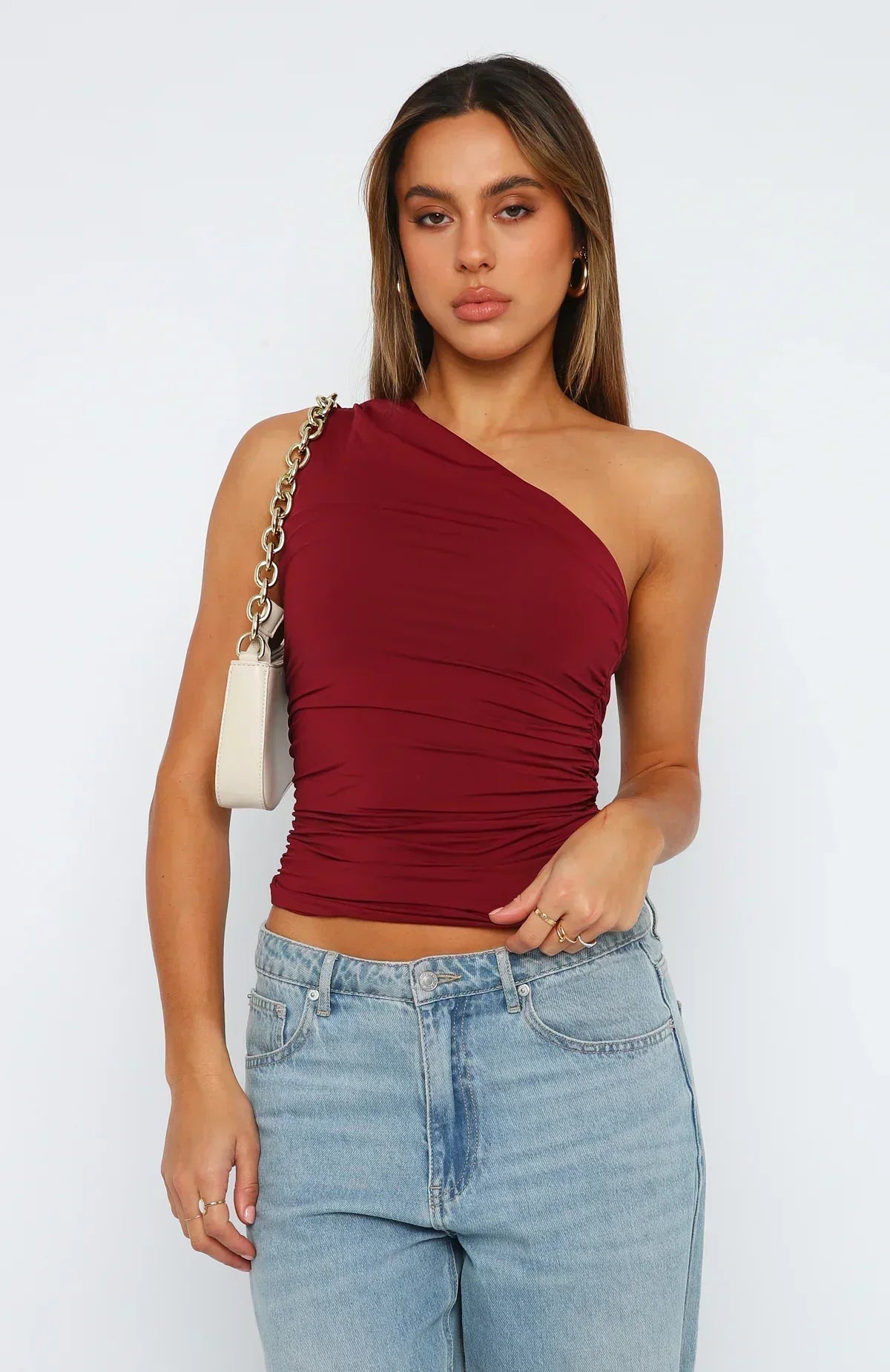 Mujer Top de un hombro con cuerpo fruncido y corte asimétrico-Tops for women-Casaluzia