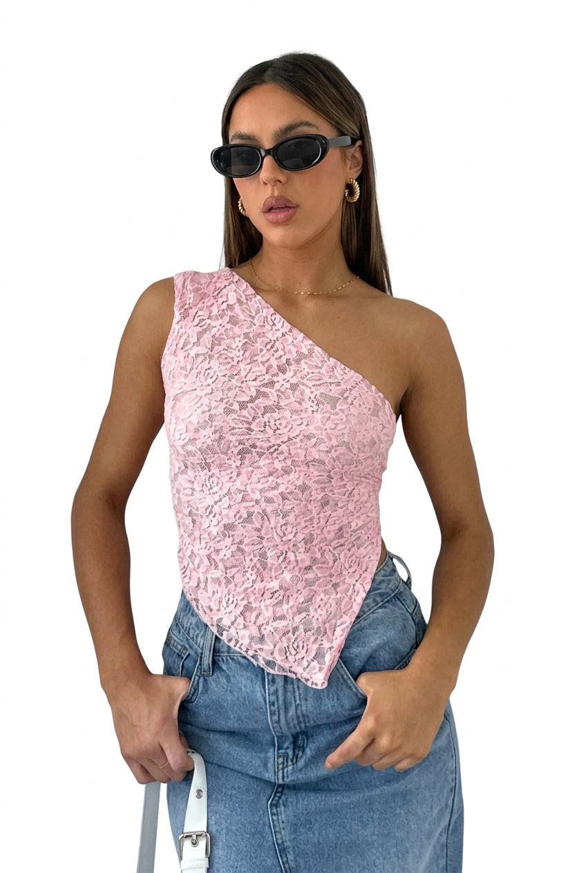 Mujer Top de un hombro con encaje y bajo asimétrico-Tops for women-Casaluzia