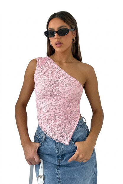 Mujer Top de un hombro con encaje y bajo asimétrico-Tops for women-Casaluzia