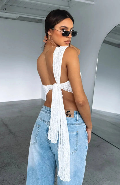 Mujer Top de un hombro con encaje y bajo asimétrico-Tops for women-Casaluzia
