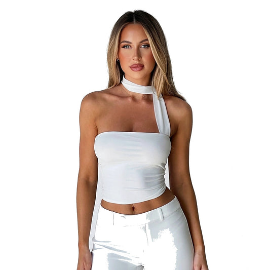 Mujer Top de Un Solo Hombro con Banda en el Cuello-Tops for women-Casaluzia