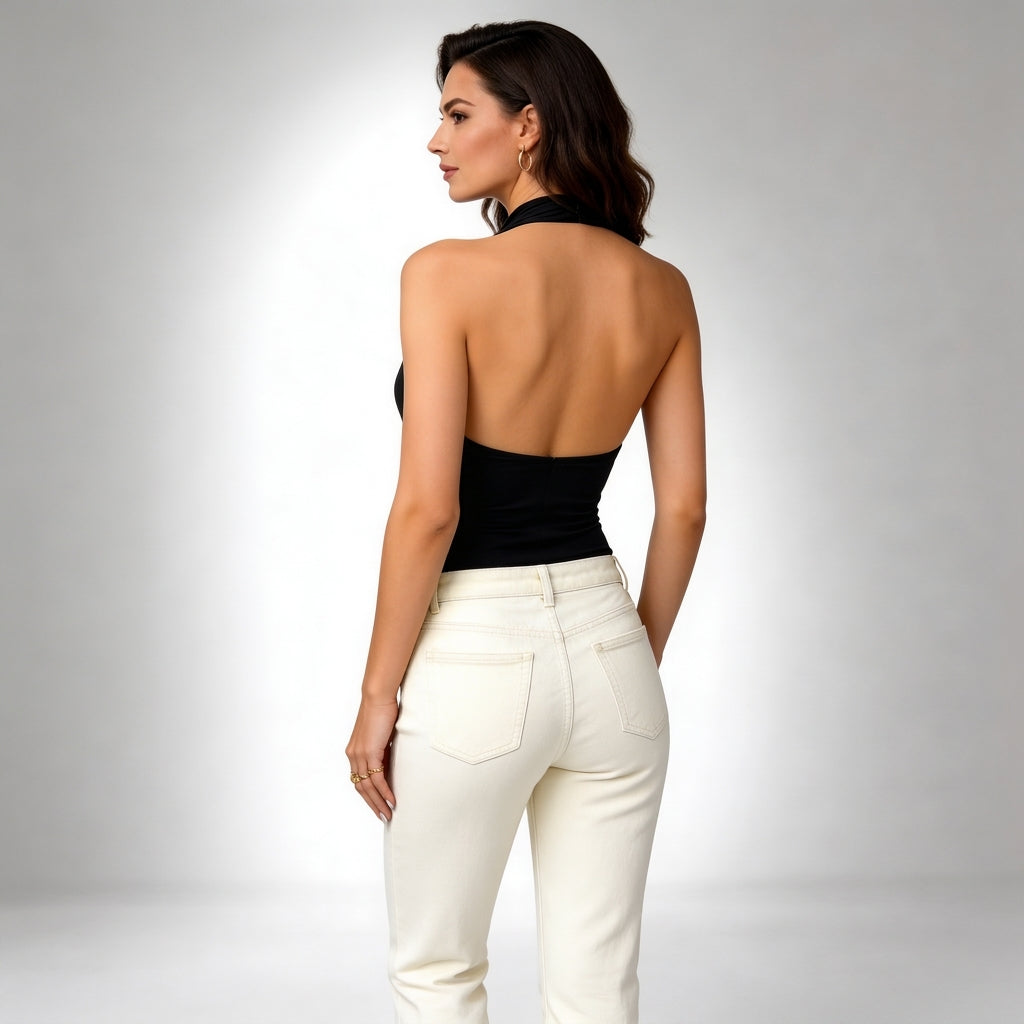Mujer Top halter con cuello en V y espalda descubierta-Tops for women-Casaluzia