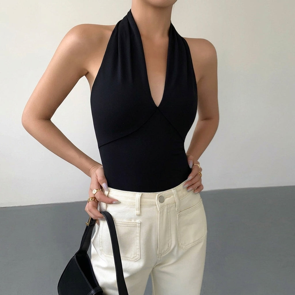 Mujer Top halter con cuello en V y espalda descubierta-Tops for women-Casaluzia