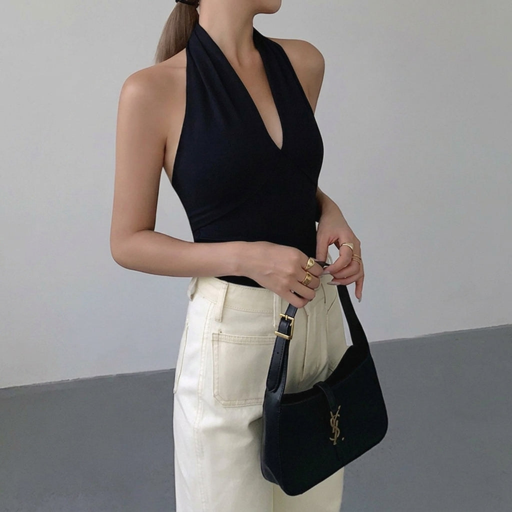Mujer Top halter con cuello en V y espalda descubierta-Tops for women-Casaluzia