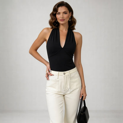 Mujer Top halter con cuello en V y espalda descubierta-Tops for women-Casaluzia