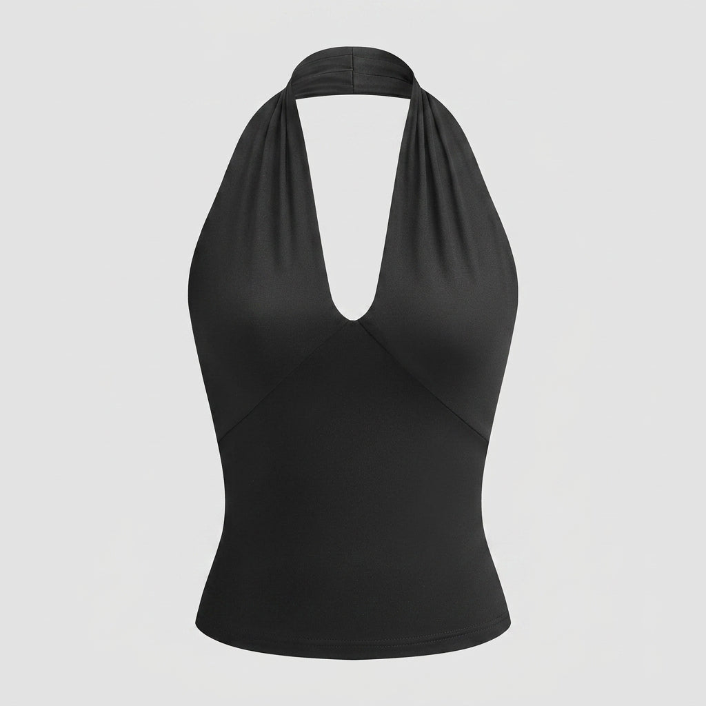 Mujer Top halter con cuello en V y espalda descubierta-Tops for women-Casaluzia