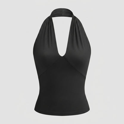 Mujer Top halter con cuello en V y espalda descubierta-Tops for women-Casaluzia