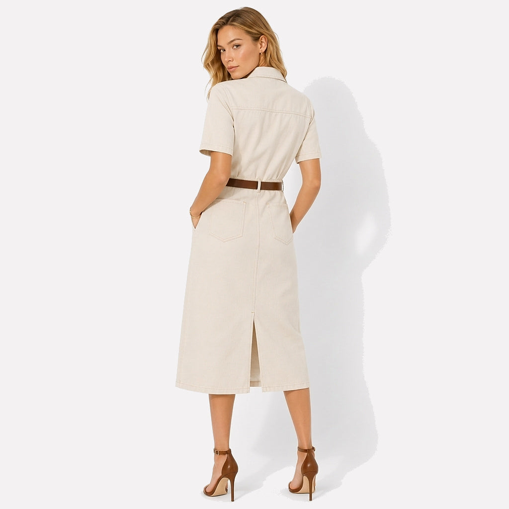 Mujer Vestido Camisero Midi de Manga Corta con Cinturón y Bolsillos-Midi Dress-Casaluzia