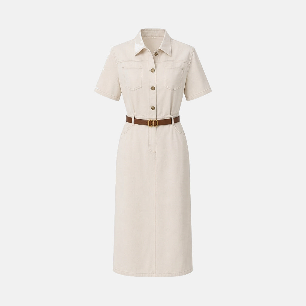 Mujer Vestido Camisero Midi de Manga Corta con Cinturón y Bolsillos-Midi Dress-Casaluzia