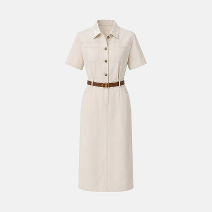 Mujer Vestido Camisero Midi de Manga Corta con Cinturón y Bolsillos-Midi Dress-Casaluzia