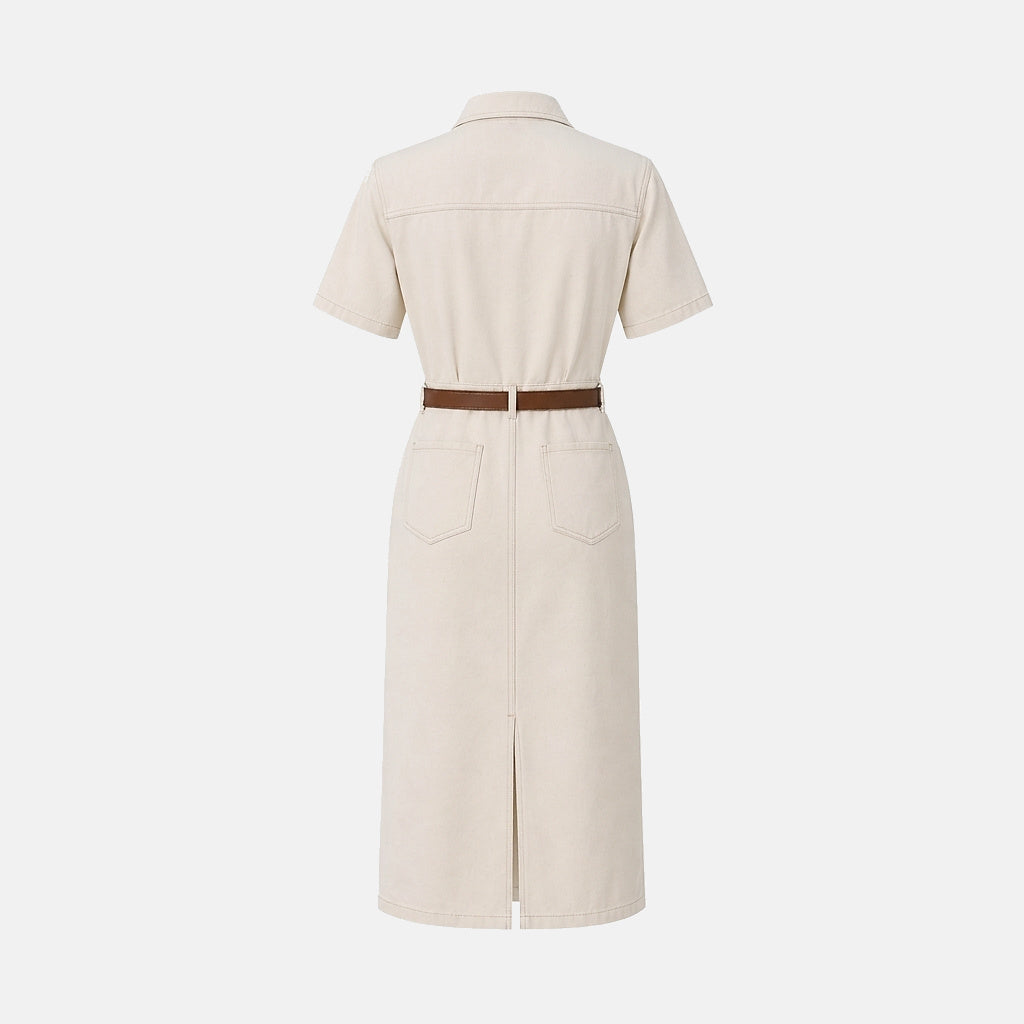 Mujer Vestido Camisero Midi de Manga Corta con Cinturón y Bolsillos-Midi Dress-Casaluzia