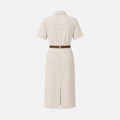 Mujer Vestido Camisero Midi de Manga Corta con Cinturón y Bolsillos-Midi Dress-Casaluzia