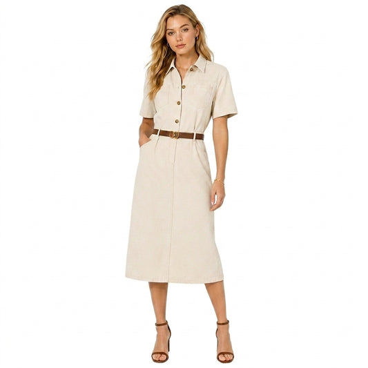 Mujer Vestido Camisero Midi de Manga Corta con Cinturón y Bolsillos-Midi Dress-Casaluzia