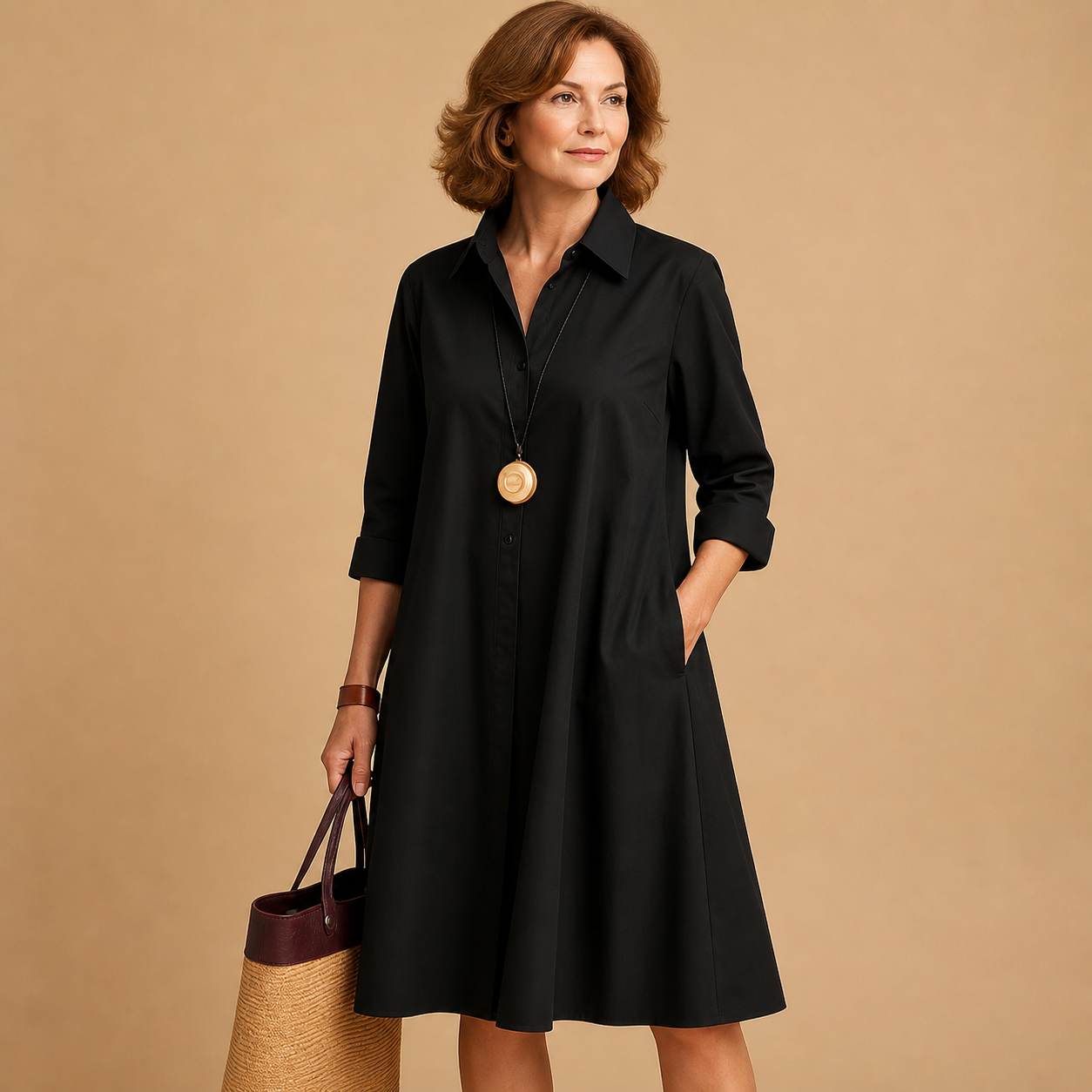 Mujer Vestido con cuello, tapeta de botones, mangas largas y bolsillos laterales-Mini Dress-Casaluzia