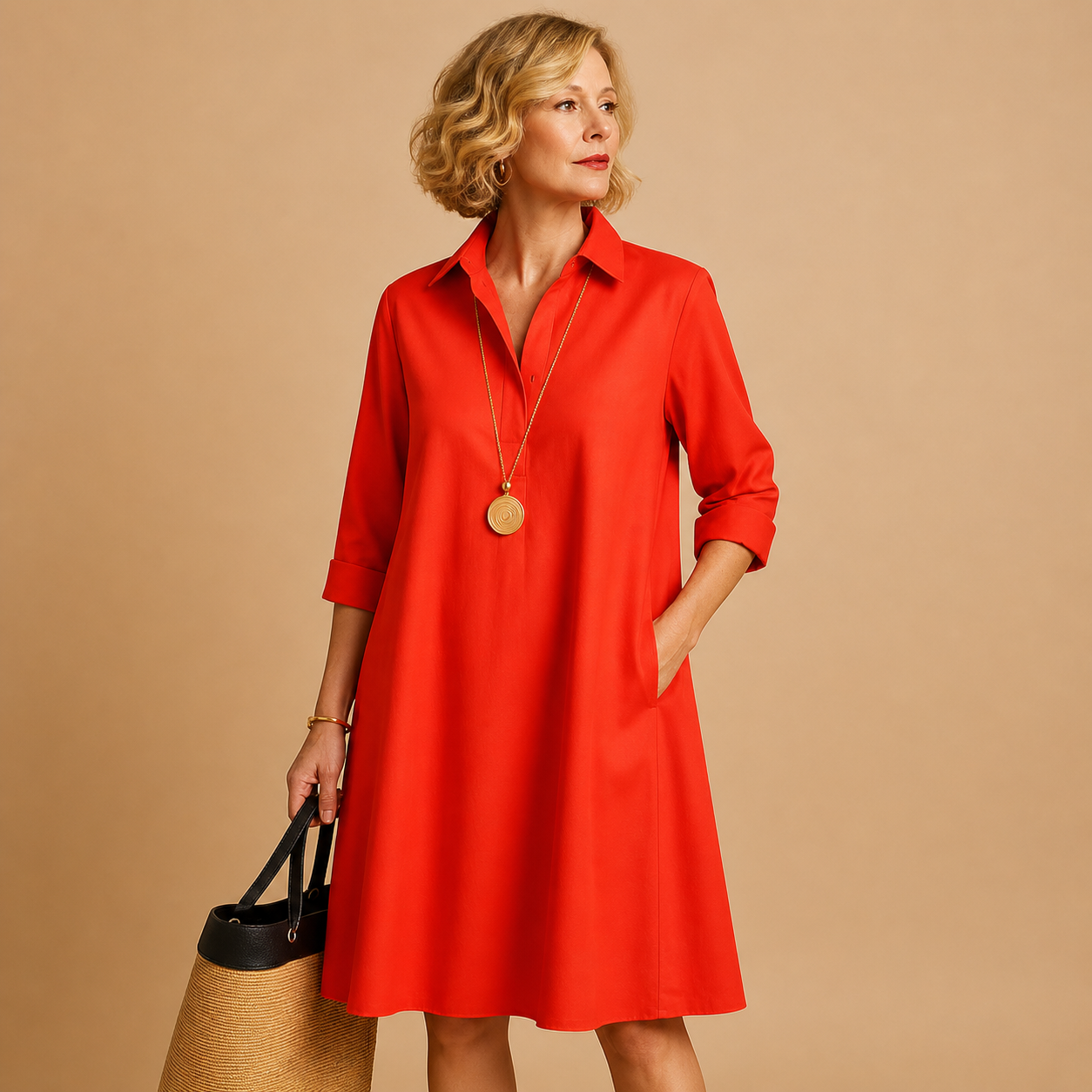 Mujer Vestido con cuello, tapeta de botones, mangas largas y bolsillos laterales-Mini Dress-Casaluzia