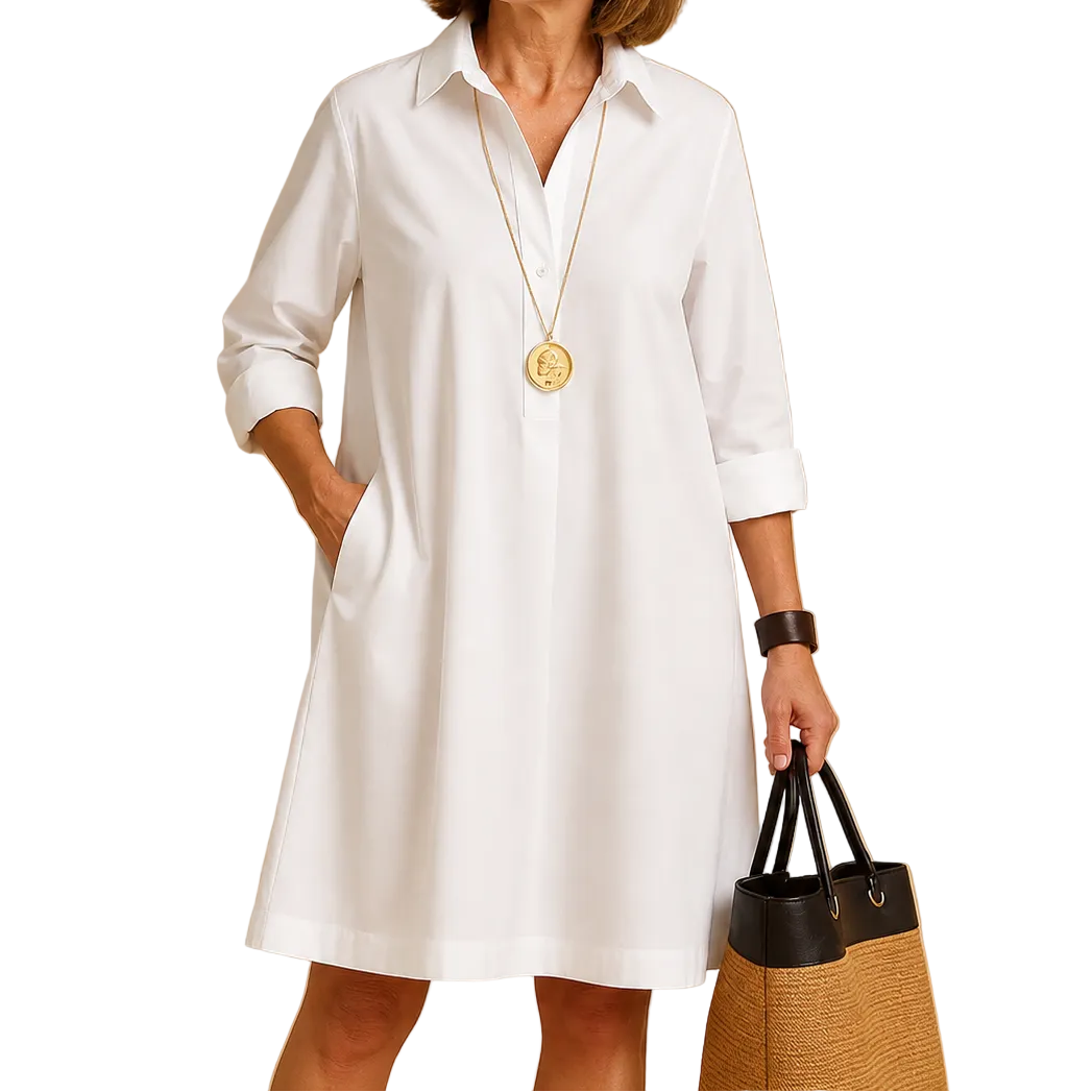 Mujer Vestido con cuello, tapeta de botones, mangas largas y bolsillos laterales-Mini Dress-Casaluzia